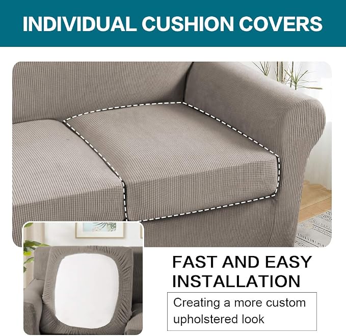 Turquoize 3 Piece Sofa Covers for 2 Cushion Couch Sofa Slipcover Soft Couch Cover for Dogs-Washable Sofa Furniture Covers with 2 Individual Cushion Covers Jacquard Fabric (2 Cushion Sofa, Taupe) - Image 5