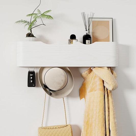 Coat Rack Wall Mount with Shelf 4 Hidden Hooks Modern Wooden Key Holder Entryway Organizer for Hallway Bedroom Bathroom Home Decor Storage for Hanging Coats Hats Bags Towels, Wave-Shape White by Jadoxy