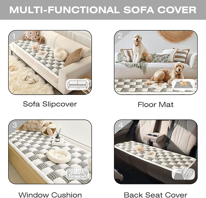 Fuzzy Couch Cover for Dog, Modern White Grey Checkered Couch Cushion Cover | Non Slip Couch Cover for 2 Cushion Couch Sofa Pet Friendly, Washable Sofa Cover Durable Anti-pilling Furniture Protector - Image 7