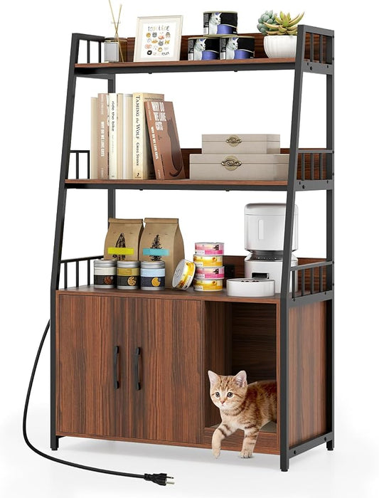 PETSITE Cat Litter Box Enclosure with Storage Shelves, 52 Inches Tall Hidden Litter Box with Charging Station, Scratching Board, and Winding Entry (Walnut) by PETSITE
