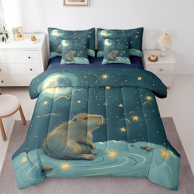Erosebridal Cute Beaver King Size Comforter Set with Sheets, Wild Animal Bed in A Bag for Kids Teens Youth Adults Bedroom, Wildlife 7 Pcs Bedding Set, Galaxy Starry Sky Bed Sets - Image 3