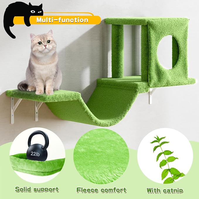 Wall Mounted Cat Climber Set, 6 Pcs Cat Furniture Set | with House, Bridge, Steps, Scratcher Board and Hammock, Shelves for Indoor, Luxury Walls Furniture, Light Green - Image 5