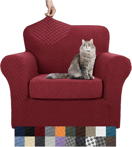 YEMYHOM Latest Checkered 2 Pieces Chair Covers for Living Room High Stretch Thickened Chair Slipcovers with Arms Elastic Armchair Sofa Couch Slipcover Protector (Wine Red), 31"-46"(1 Cushion) by YEMYHOM