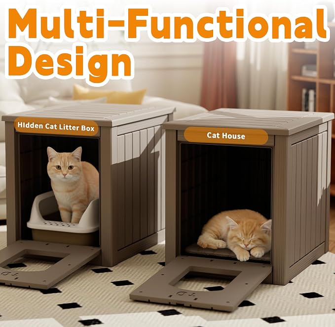 Cat Litter Box Enclosure, Multi-Functional Hidden Litter Box Furniture & Indoor Outdoor Cat House with Side Table Design, Openable Front Door & Raised Floor, Easy to Clean & Assemble, Grey - Image 2