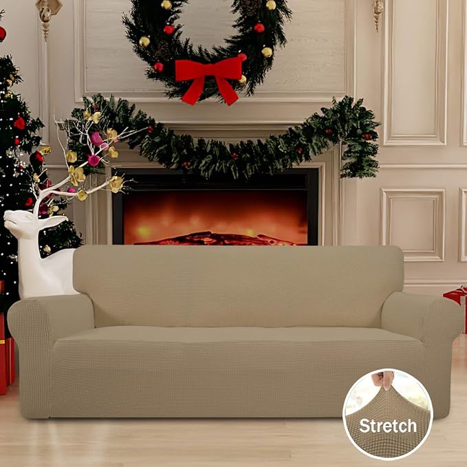 Easy-Going Stretch Couch Covers for Sofa Washable Large Tan | 1-Piece Sofa Covers for 3 Cushion Couch Furniture Protector Couch Slipcover Soft with Bottom for Kids Pets - Image 2