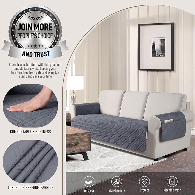 TAOCOCO Waterproof Couch Covers for Pets Dogs with Non Slip Backing, Sofa Seat Covers with Side Pocket for 3 Cushion Couch Washable Dog Couch Cover Protector Sofa Slipcovers(Sofa, Dark Grey) - Image 2