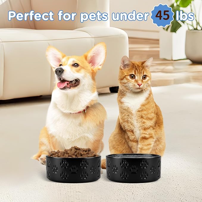 SPUNKYJUNKY Ceramic Dog and Cat Bowls 2 Pack, 6.1'' Dog and Cat Food Water Double Feeding Bowls Non-Slip for Large Sized Breed Microwave Dishwasher Safe - 28.7 OZ, 2pcs, Paw Black - Image 6