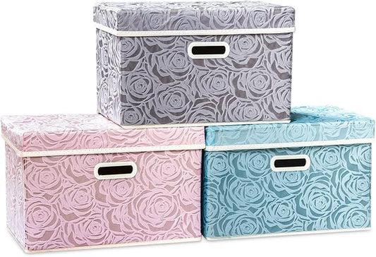 PRANDOM Collapsible Storage Cubes with Lids Fabric Decorative Storage Bins Boxes Organizer Containers Baskets with Cover Handles for Bedroom Closet Living Room 14.9x9.8x9.8 Inch 3 Pack by Prandom