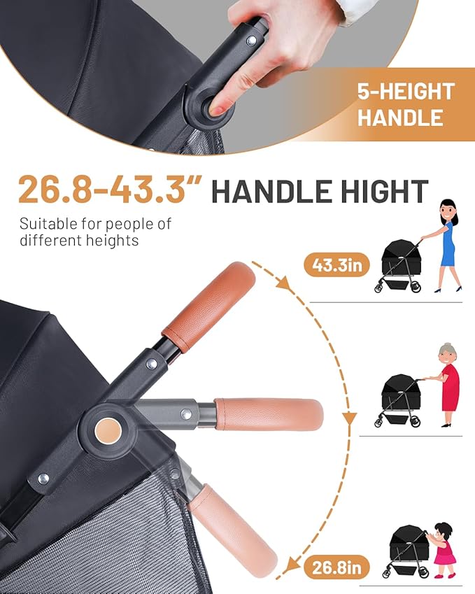 Dog Stroller for Large & Medium Dogs (20–132 lbs), Pet Stroller for 2 Small Dogs with Adjustable Handle & Canopy, Sun Shades, Storage Organizer, Foldable & Ventilated,Black