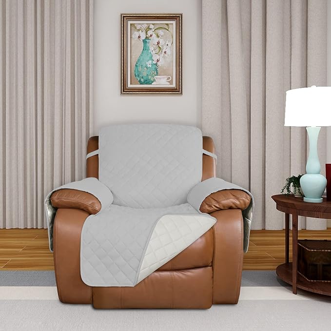 PureFit Reversible Recliner Chair Covers Couch Covers for Dogs, 28 in | Light Gray/Ivory, Water Resistant Couch Protector, Washable Pet Couch Cover with Non Slip and Elastic Straps For Kids - Image 2