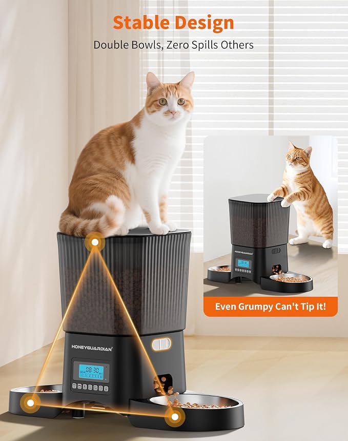 HoneyGuardian Automatic Cat Feeder for 2 Cats, Automatic Cat Food Dispenser, Timed Pet Feeder for Cats and Dogs, Desiccant Bag, Programmable Portion Control,10s Voice Recorder - Image 3