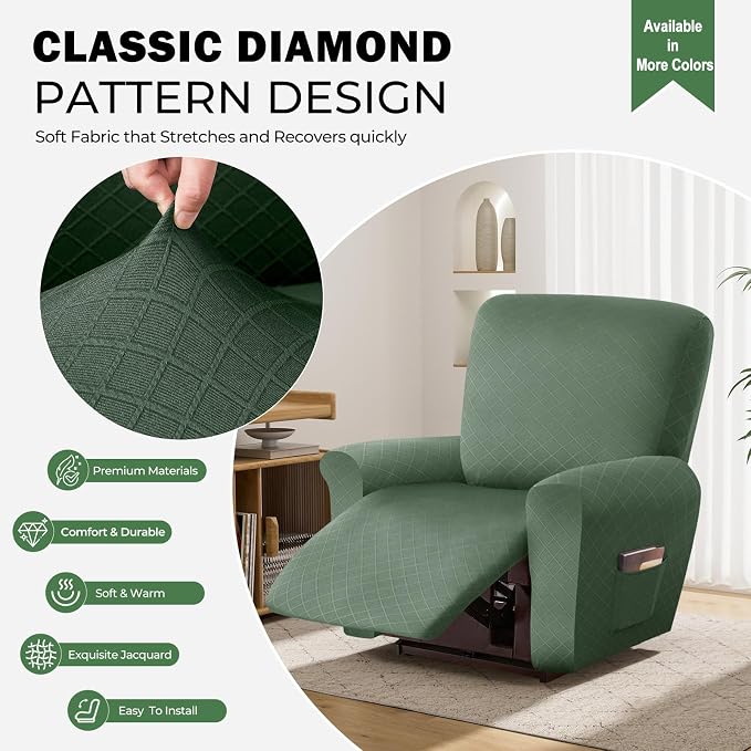 vctops Diamond Recliner Cover 4-Pieces Recliner Stretch Sofa Slipcover 1 Seater Couch Protector Soft Solid Furniture Protector Covers with Elastic Strap (Mo Green,1 Seat) - Image 3
