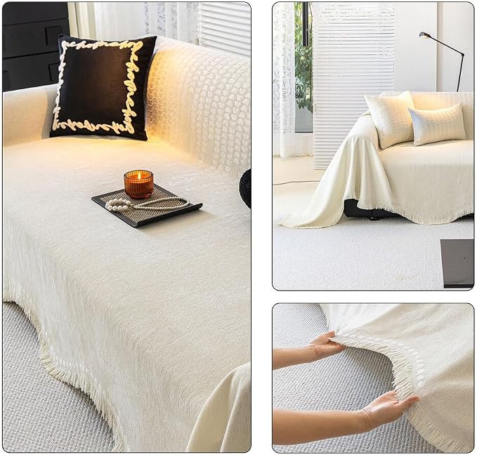 ROOMLIFE Boho White Couch Cover for Dogs, Washable Non Slip Furniture Protector Couch Sofa Covers for 3 Cushion Couch, Soft Chenille Couch Cover Throw Blanket with Tassels 71''X134'' - Image 2