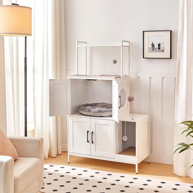 HOOBRO Litter Box Enclosure, Litter Box Furniture with Storage, 2-in-1 Hidden Cat Furniture with Shelf, 2 Dangling Plush Balls and 1 Toy Ball, Large Wooden Cat Washroom, White WT78MW01 - Image 4