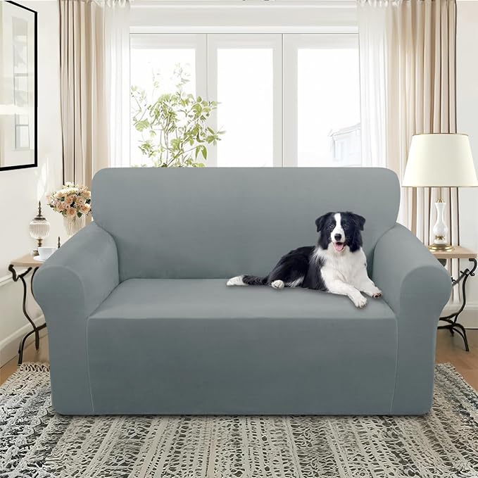 U-NICE HOME Velvet Loveseat Sofa Covers Stretch Couch Cover Furniture Protector Sofa Slipcover for Dogs (Medium, Light Grey) - Image 2