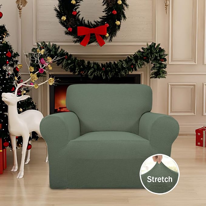 Easy-Going Stretch Chair Slipcover with Arm Washable Greyish Green | 1-Piece Couch Sofa Cover Furniture Protector for Living Room Soft with Bottom For Kids, Pet. Spandex Jacquard - Image 2