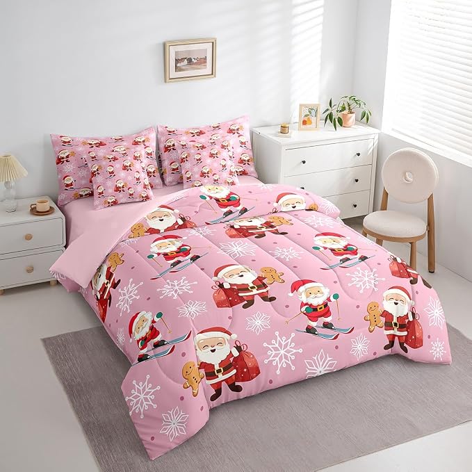 Erosebridal 7Pcs Cute Santa Claus Comforter Set King Size,Xmas Gingerbread Bedding Set for Kids Boys Girls,Christmas Snowboard Snowflake Bed in A Bag,Pink Christmas Quilt with Flat Fitted Sheet - Image 4