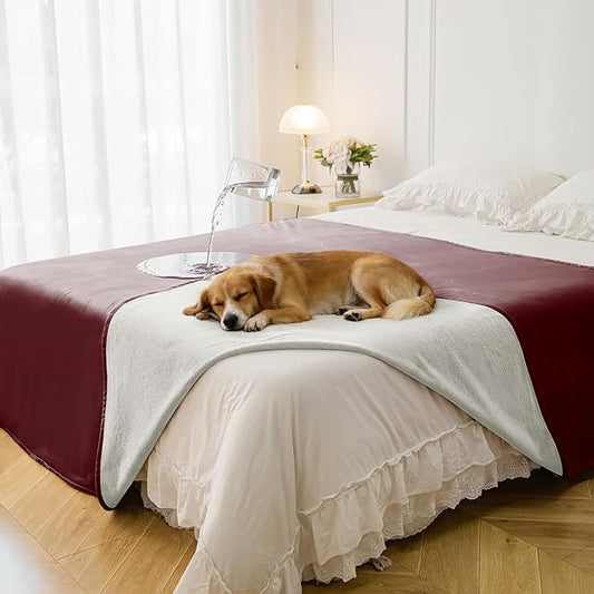 Waterproof Blanket - Reversible Dog Throw as Furniture Protector | Soft Velvet & Flannel, TPU Leak-Proof Liner, Machine Washable, Fits Couch and Bed, 82" x 108", Burgundy/Cream by TuffeelHome