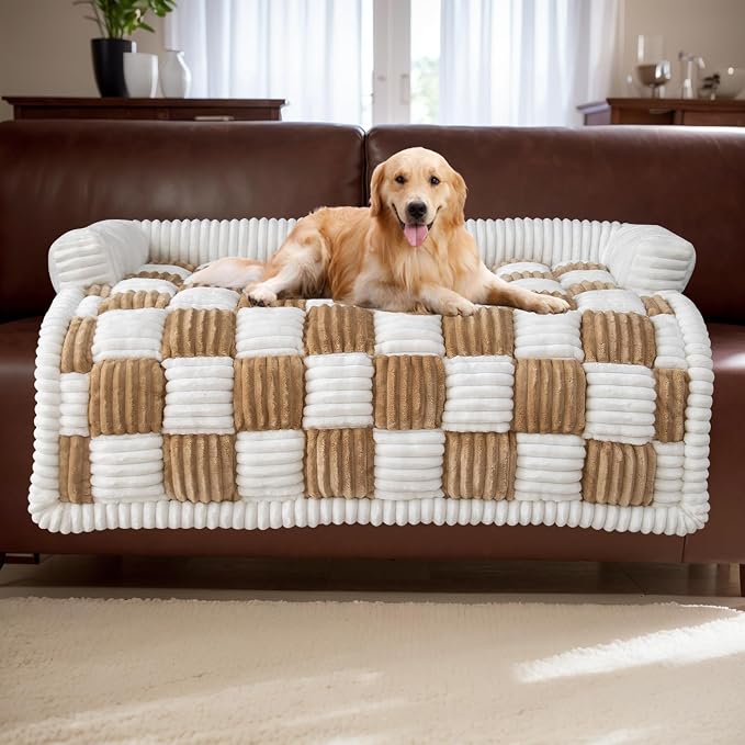 TOPCHANCES Dog Couch Cover,Thickened Quilted Plaid Funny Fuzzy Pet Couch Covers for Sofa,Washable Non Slip Pet Mat Sofa Dog Cover Protector for Large Dogs(Light Brown,36x36inch) by TOPCHANCES