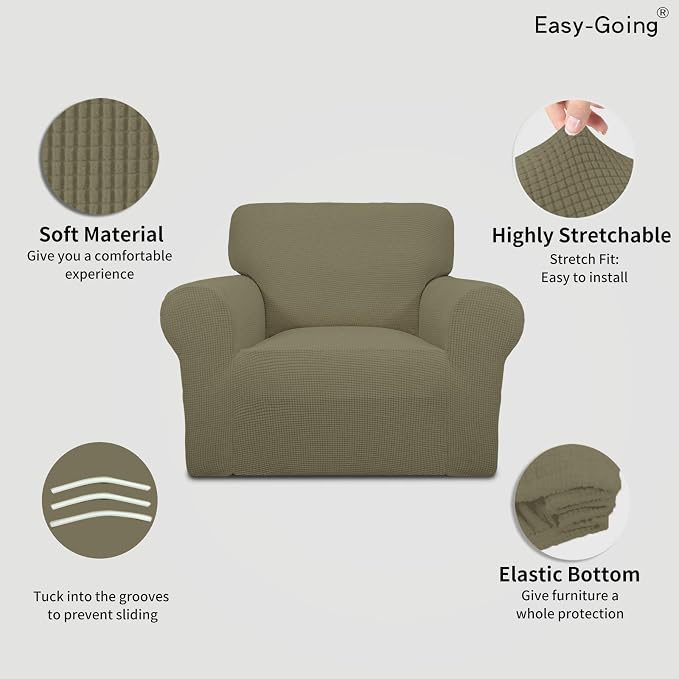Easy-Going Stretch Chair Slipcover with Arm Washable Khaki | 1-Piece Couch Sofa Cover Furniture Protector for Living Room Soft with Bottom For Kids, Pet. Spandex Jacquard - Image 3