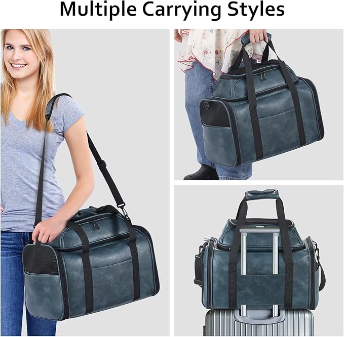 Premium Leather Top Expandable Pet Carrier for Small Dogs & Cats Under 15 lbs, Airline Approved Collapsible Soft-Sided Luxury Travel Bag Blue