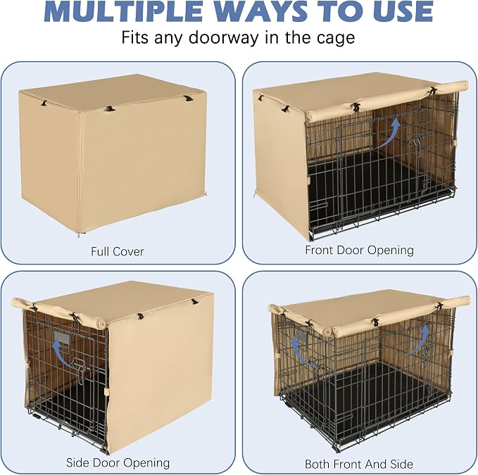 Dog Crate Cover - Double Door Waterproof Pet Kennel Cover, Durable 600D Polyester Protective Cage Cover for 24/30/36/42/48 Inch Dog Crate - Beige - Image 4