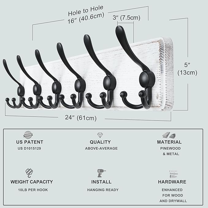 Dseap Coat Rack Wall Mounted - 24" Long 6 Tri Hooks, Heavy Duty Wooden Wall Coat Hanger Coat Hook for Clothes Hat Jacket Clothing, White and Black, Pack of 2 - Image 6