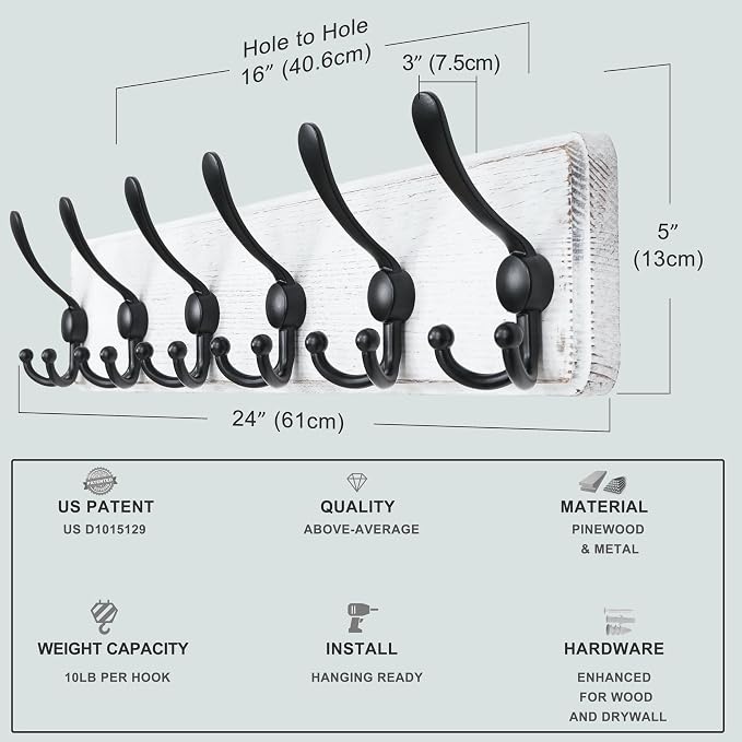 Dseap Coat Rack Wall Mounted - 24" Long 6 Tri Hooks, Heavy Duty Wooden Wall Coat Hanger Coat Hook for Clothes Hat Jacket Clothing, White and Black - Image 3