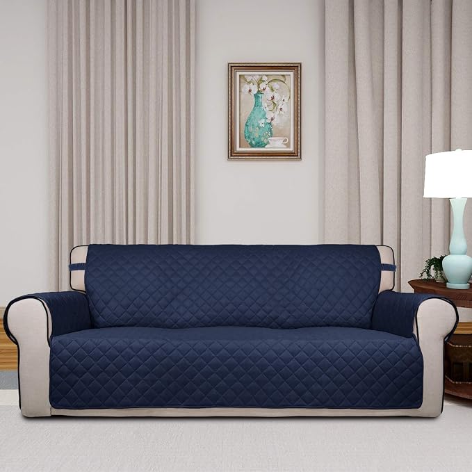 PureFit Reversible Quilted Sofa Cover, Water Resistant Slipcover Furniture Protector, Washable Couch Cover with Non Slip Foam and Elastic Straps for Kids, Dogs, Pets (Sofa, Navy/Ivory) Large | Navy/Ivory, Water Resistant Couch Protector, Washable Pet C... - Image 2