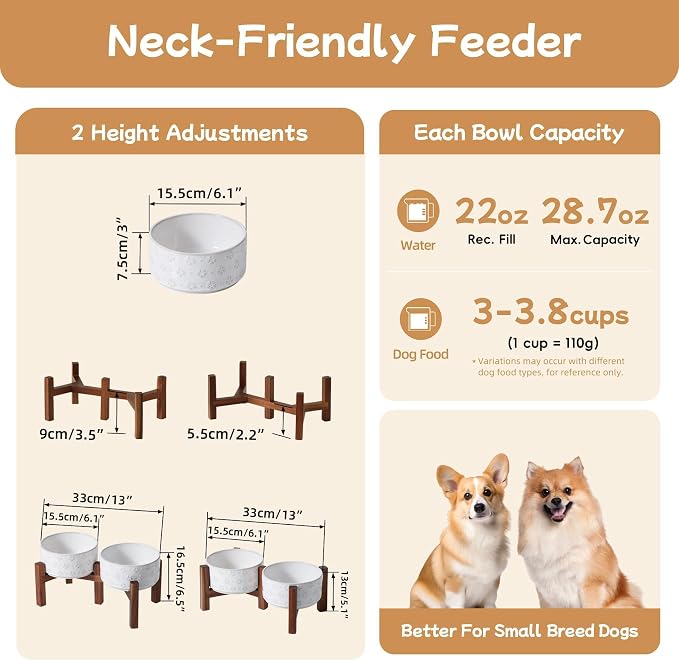 Havniva Elevated Dog Bowls, Ceramic Raised Dog Bowl with Stand | 6.1” Dog Food Bowls Elevated, Dog Food and Water Bowl Set, Non-Slip Acacia Wood Stand, Small Dogs Bowl, 3.4 Cups 27 oz - Image 2