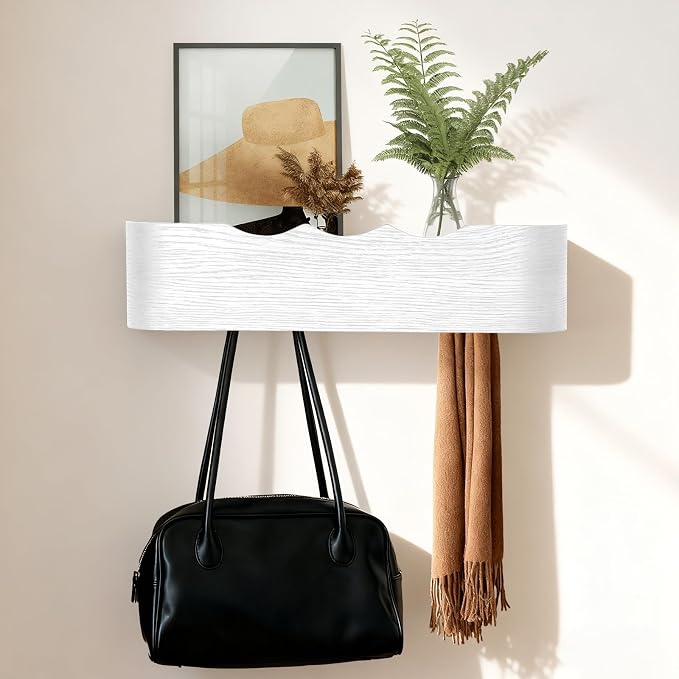 Coat Rack Wall Mount with Shelf Entryway Shelf Modern Key Holder Hanger Wall Shelves with Hidden Hooks for Hanging Towels Coats Hats Bags for Hallway Bathroom Bedroom (Wavy White, 4 Hooks) by FURNAWAY