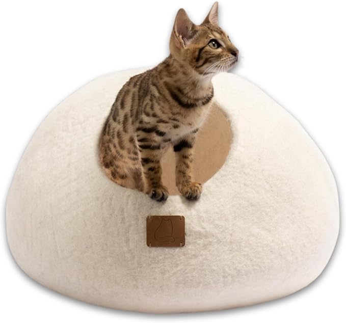 Best Aesthetic Cat Bed - Premium Felted Wool Cat Cave Bed - Cozy Peekaboo Round Cave for Large or Small Cats (Small, Snow White) by FuzzyCove