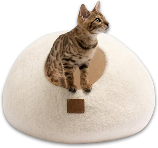 Best Aesthetic Cat Bed - Premium Felted Wool Cat Cave Bed - Cozy Peekaboo Round Cave for Large or Small Cats (Small, Snow White) by FuzzyCove