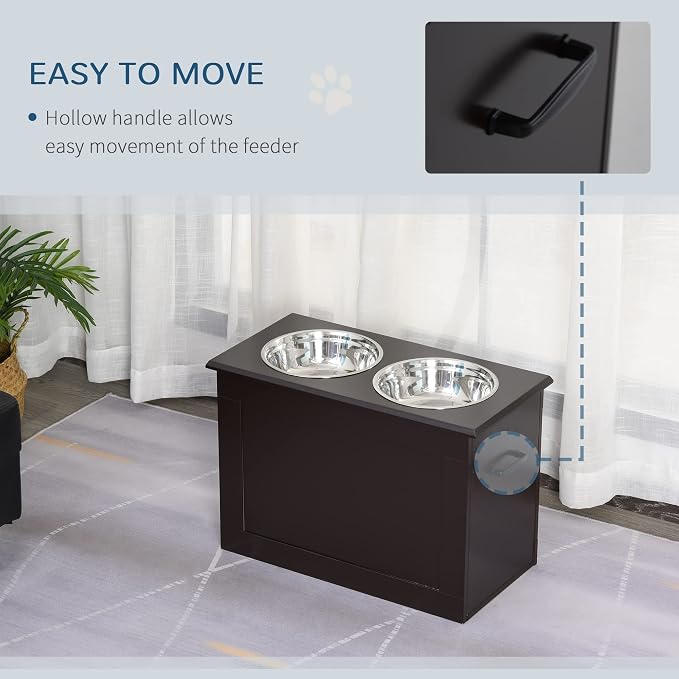 PawHut Raised Pet Feeding Storage Station with 2 Stainless Steel Bowls Base for Large Dogs and Other Large Pets, Coffee | with2 Stainless Steel Bowls Base for Other Large Pets - Image 6