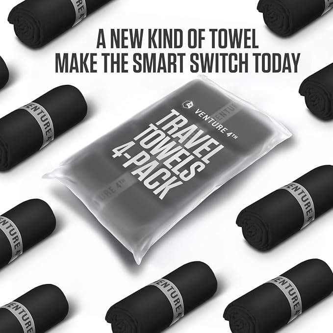 VENTURE 4TH 4-Pack Quick Dry Microfiber Towels - Black Medium | Absorbs 7x more than cotton. Fast-drying, odor-resistant microfiber. Lightweight, compact & easy to pack for any trip. - Image 9