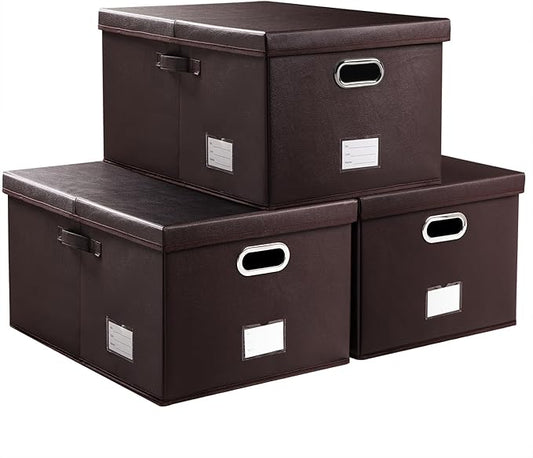 PRANDOM Collapsible Storage Box with Lid [3-Pack] Leather Fabric Foldable Storage Bin Organizer Container Basket Cube with Cover for Home Bedroom Closet Office Nursery Brown(22.8X15.7X11.8) by Prandom