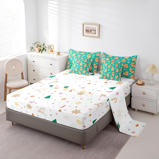 Erosebridal Christmas Gingerbread Queen Bedding Set 7 Piece,Cute Gingerbread Man Bed in A Bag,Xmas Snowflake Comforter Set Kawaii Xmas Sheet Set with Comforter,Green Christmas Decoration - Image 5
