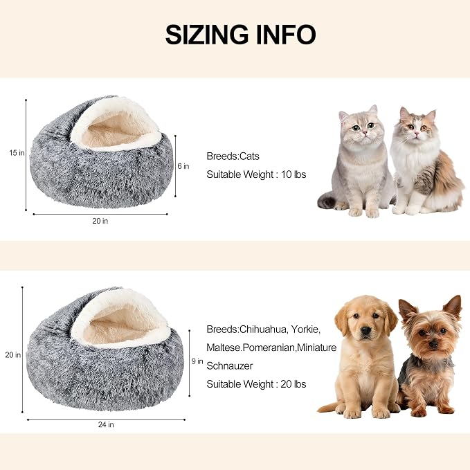 MADDEMCUTE Calming Dog & Cat Cave Bed With Hooded Cover, Removable Washable Round for Small Medium Pets, Anti-Slip Faux Fur Fluffy Coved for Improved Sleep, Fits up to 15/25 lbs (Grey, S) - Image 5
