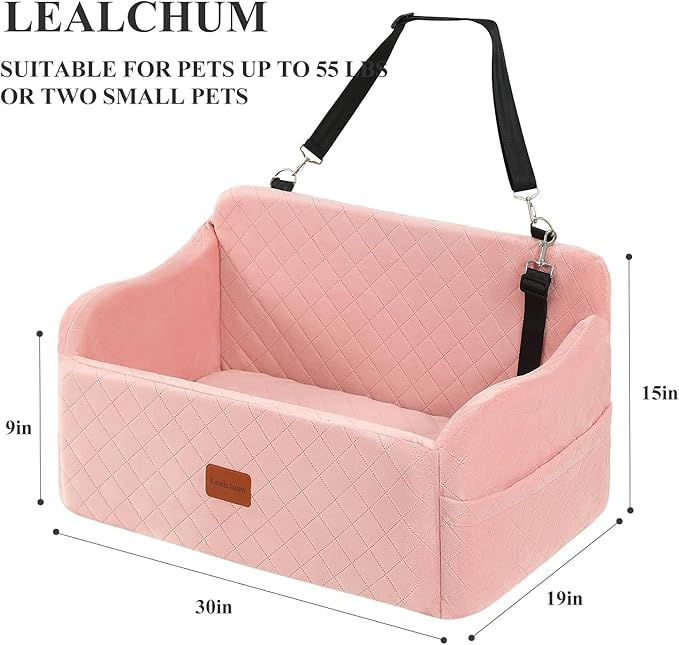 Dog Car Seat for Medium/Large Dogs,2 Clip-On Safety Leashs for 2 Small Dogs,Removable and Washable Comfy Pet Car Seat,Easy to Install and Clean (Pink, Large)