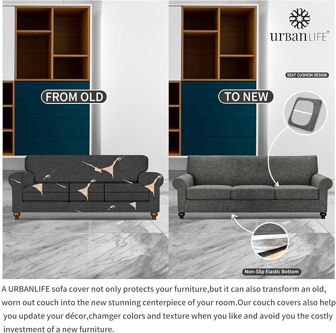 URBANLIFE 4-Piece Stretch Sofa Covers for 3 Cushion Couch, Gray | Super fitted spandex slipcovers for couches. Non-slip elastic bottom. Machine washable furniture protector for kids & pets. - Image 5