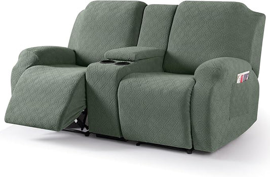 VANSOFY Recliner Loveseat Cover with Middle Console Stretch Reclining Sofa Slipcover for 2 Seat Jacquard Reclining Couch Sofa Covers Furniture Protector with Elastic Straps Bottom (Green) | 4-Pieces, Soft Furniture Protector, Washable Slipcover with Po... by VANSOFYFURNITURECOVERS
