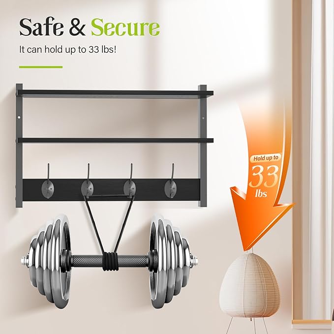 Two-Tier Wall Shelf with Hooks, 17" Coat Rack Wall Mount with Shelf, Entryway Key Hooks for Wall with Heavy Duty Double Hooks, Coat Hook Wall Mounted for Bedroom, Living Room, Black - Image 6