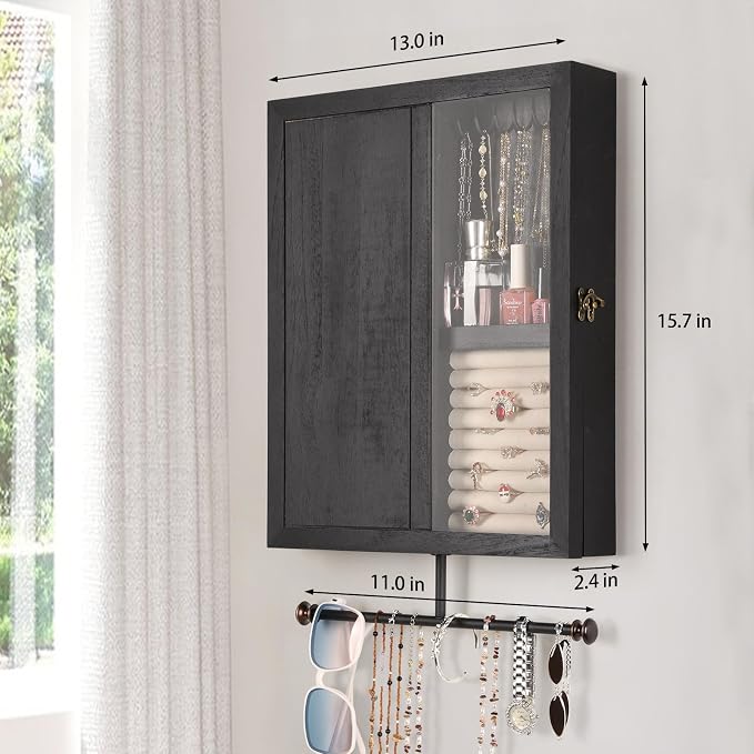 Keebofly Wall Mounted Jewelry Organizer With Rustic Wood Large Space Jewelry Cabinet, Holder, Storage Box for Necklaces, Earrings, Bracelets, Ring Holder, and Accessories Black - Image 6