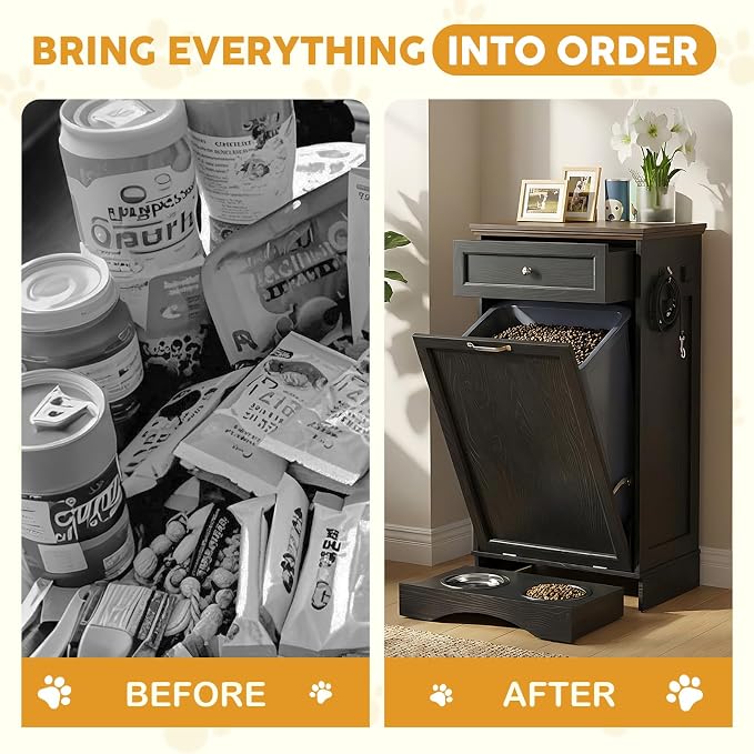 21’’W Dog Feeding Station with Storage, Tilt Out Dog Food Cabinet with Drawer, 2 Feeding Bowls, Pet Food Storage, Cat Feeding Station, Dogs Storage Organizer, (Black, Single Door) - Image 5