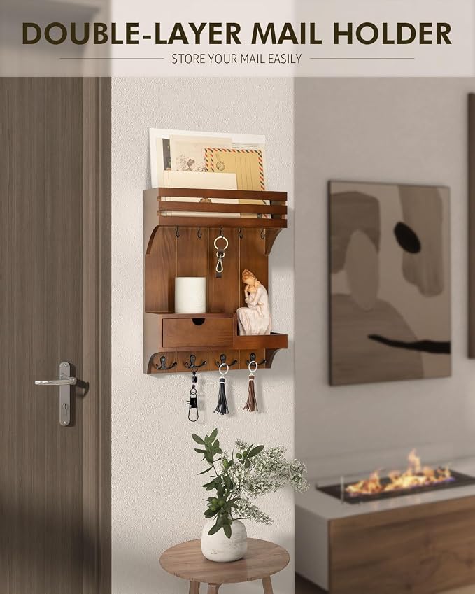 Rebee Vision Key Holder Wall Mount with Drawer Organizer for Entryway,Brown | Key Holder for Wall , 9 Sturdy Key Hooks, Floating Shelf, Plant Display, Drawer Organizer, Mail Sorter, Home Decor Storage - Image 2