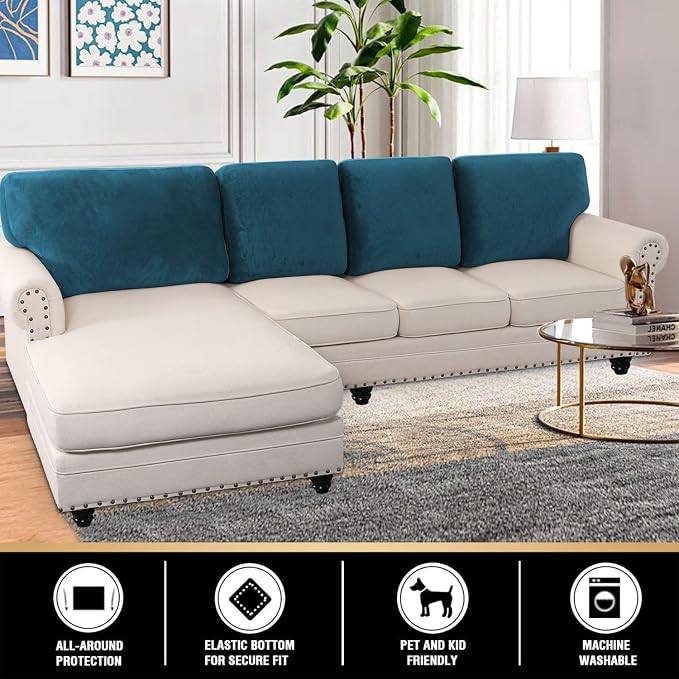 PrinceDeco Sectional Couch Covers Velvet Cushion Covers for Sectional Couch Washable Cushion Covers for Sectional Sofa Pet Friendly Sectional Sofa Slipcovers(1 Chaise Back+ 3 Sofa Back,Deep Teal) - Image 2