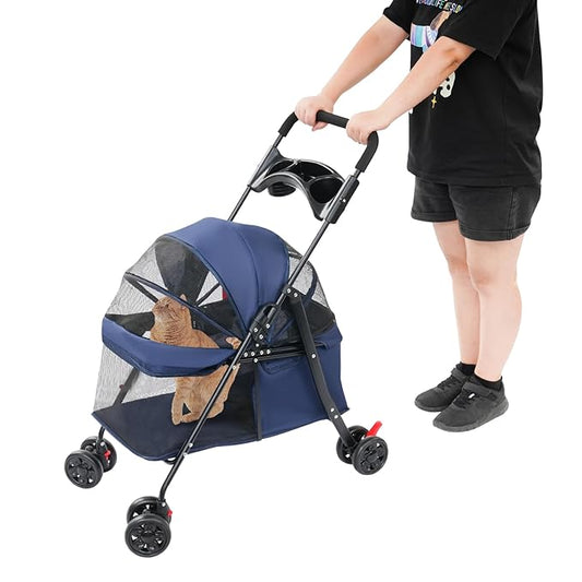 Dog Stroller with Casters, 40LBS Capacity Foldable Cat Pet Stroller with Storage Basket&Cup Holder, Foam Handle, Steel Frame for Small Medium Dogs Cats(Blue)