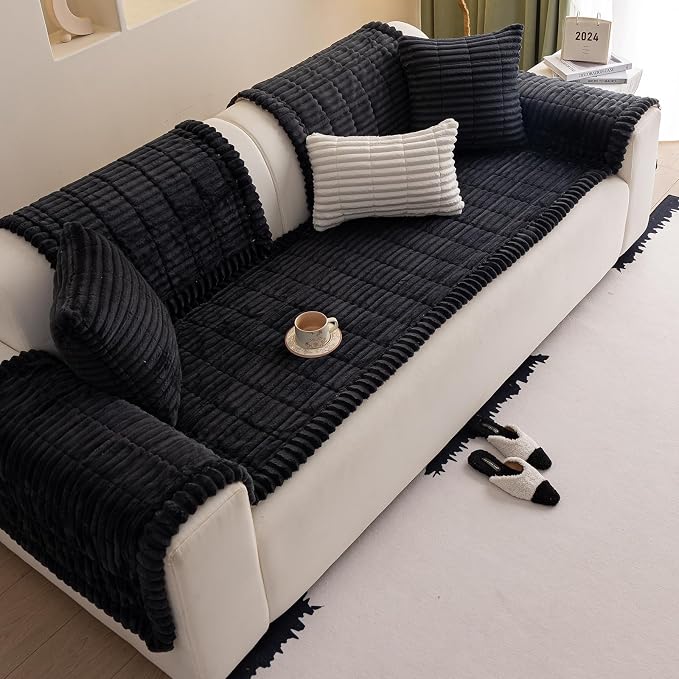 vctops Striped Couch Cover Super Soft Corduroy Sectional Sofa Cover Washable Non Slip Sofa Slipcover Furniture Protector for Kid Dog Pet,1 Piece (Black,27"x27") - Image 4