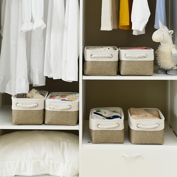 TcaFmac Storage Bins for Shelves - Small 6 Pack Collapsible Storage Basket for Organizing, Fabric Storage Cubes with Handle for Closet Cloth Toy Gift Kids (White & Khaki 11.8x7.8x5.2 inch) - Image 3