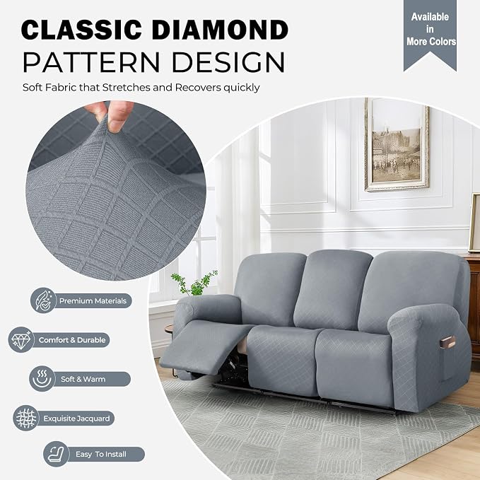 vctops Diamond Recliner Sofa Covers 8-Pieces Stretch Large Couch Covers for 3 Seats Reclining Slipcovers Soft Solid Furniture Protector (Light Grey,3 Seat) - Image 3